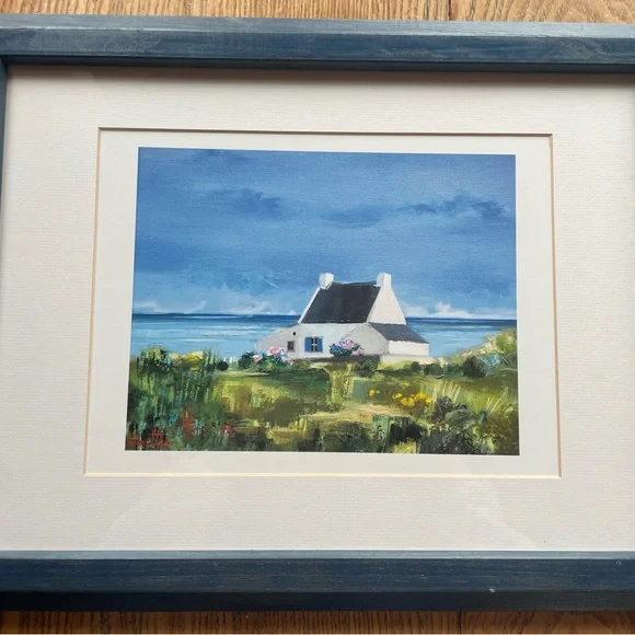 Unique Cottage by the Sea Scene Print Blue Frame19” 14” - Picture 2 of 7